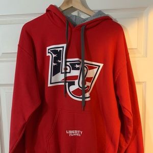 Liberty University patriotic hoodie, medium Gildan LU red/white/blue logo